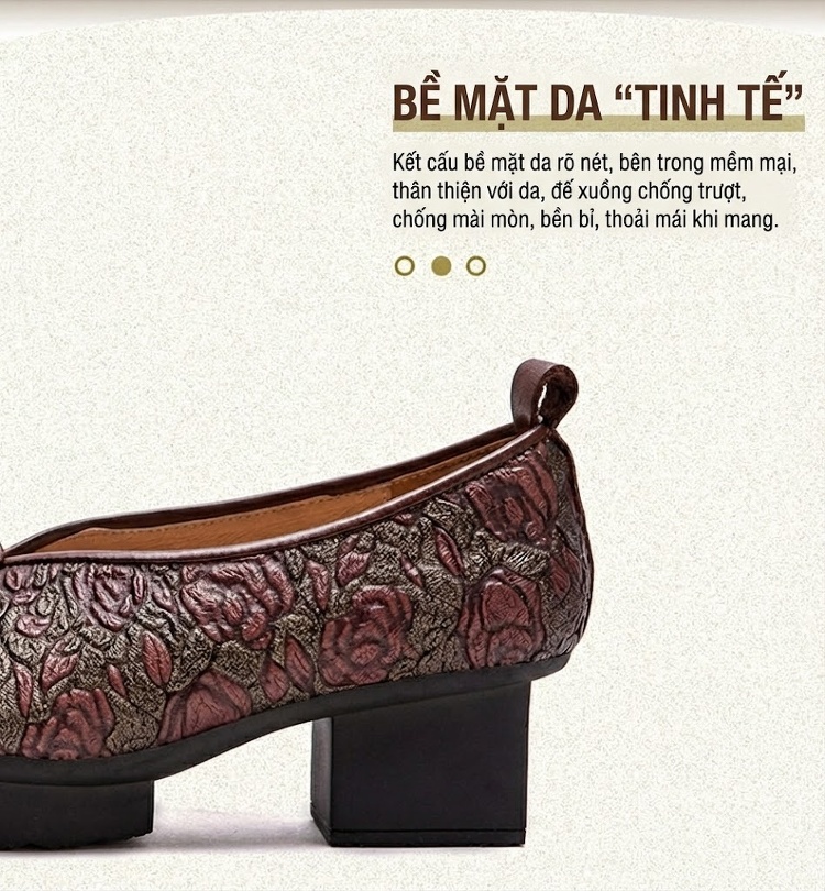 Giày Búp Bê Nữ Da Bò Dập Hoa Chiều Cao Đế Khoảng 6cm Phong Cách Trung Hoa Màu Đỏ, Nâu chi tiết 3