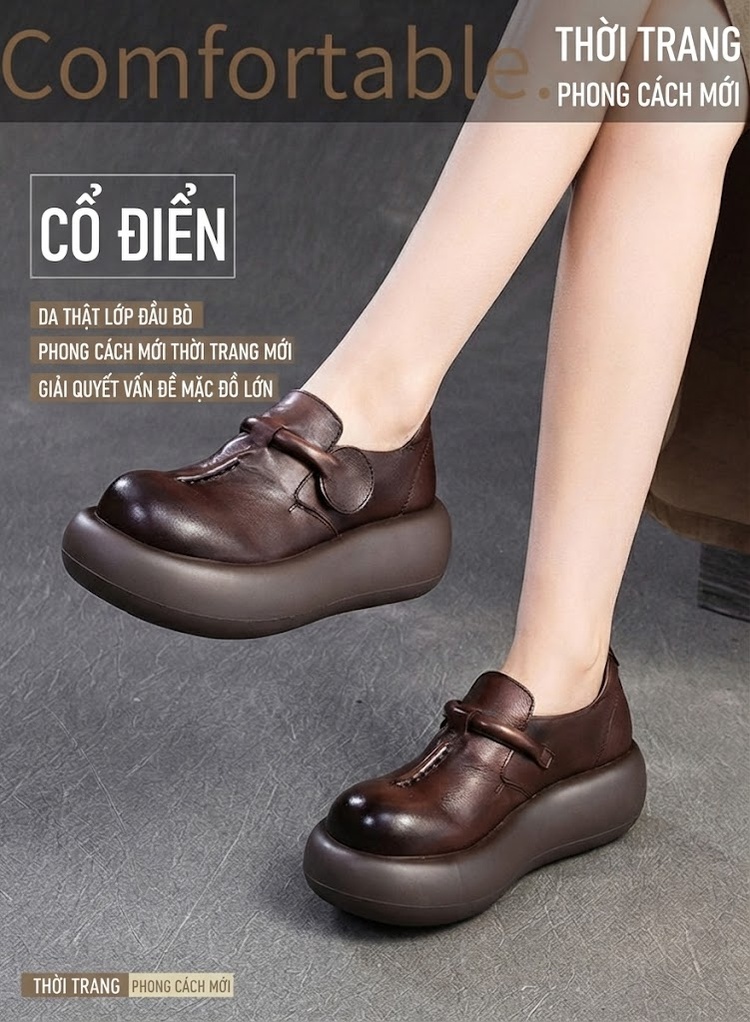 Giày Búp Bê Nữ Da Bò Đế Bằng Chiều Cao Đế Khoảng 5cm Màu Đen, Nâu chi tiết 2