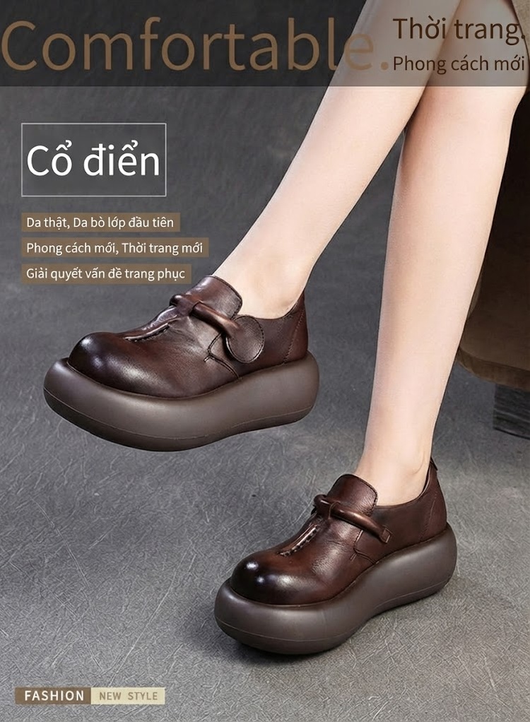 Giày Búp Bê Nữ Da Bò Đế Bánh Mì Chiều Cao Đế Khoảng 5cm Màu Đen, Nâu chi tiết 2