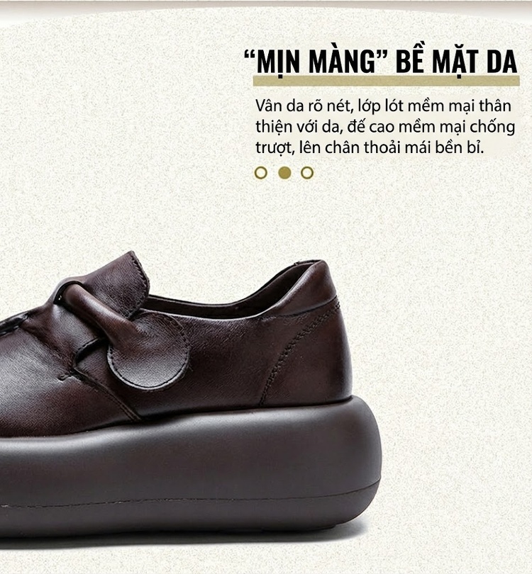 Giày Búp Bê Nữ Da Bò Đế Bánh Mì Chiều Cao Đế Khoảng 5cm Màu Đen, Nâu chi tiết 4