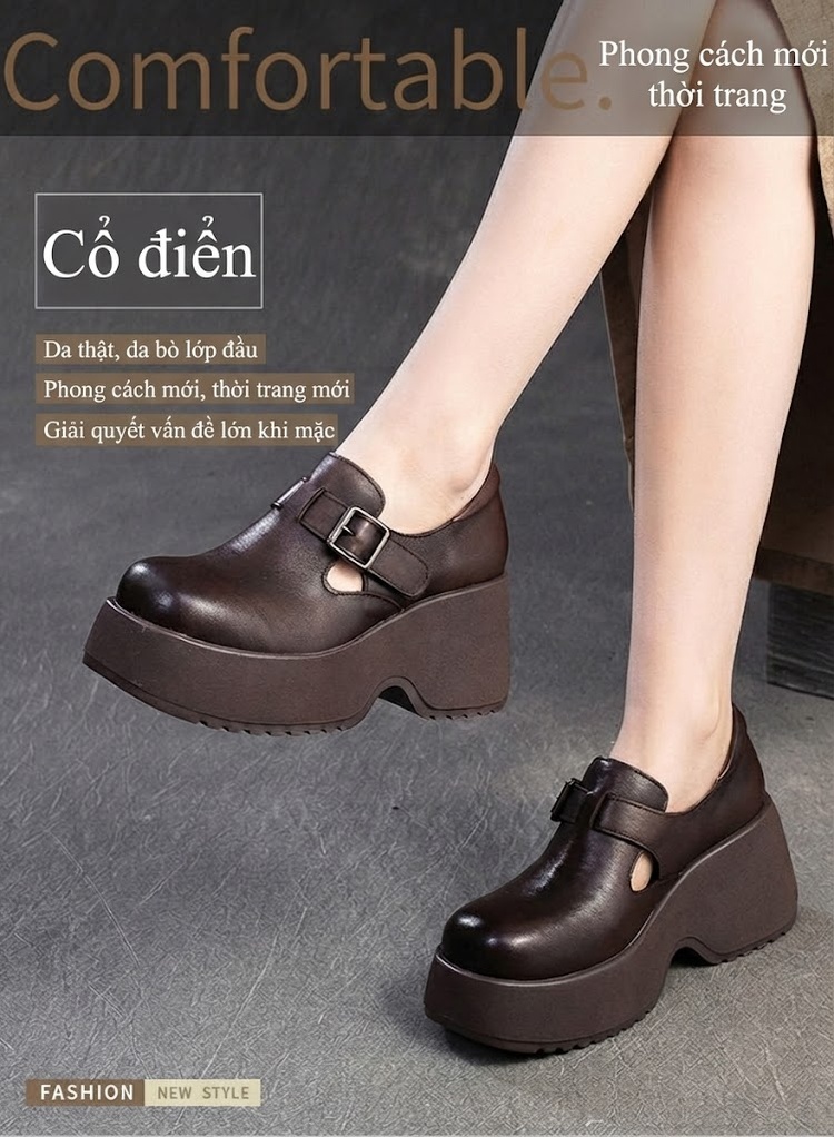 Giày Búp Bê Nữ Da Bò Đế Siêu Dày Chiều Cao Đế Khoảng 6cm Màu Đen, Nâu chi tiết 1