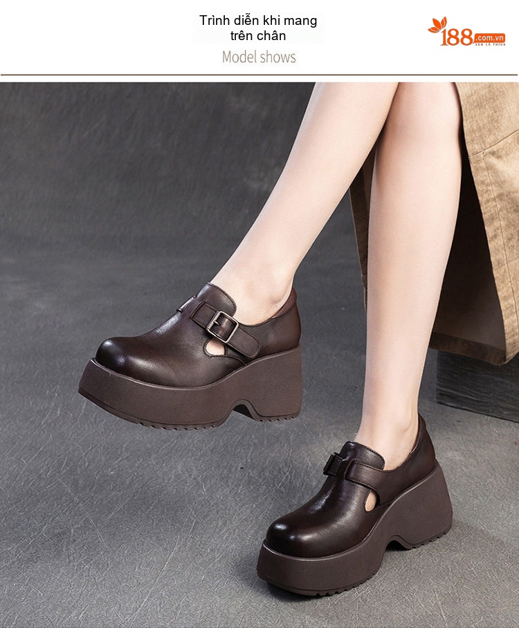 Giày Búp Bê Nữ Da Bò Đế Siêu Dày Chiều Cao Đế Khoảng 6cm Màu Đen, Nâu chi tiết 7