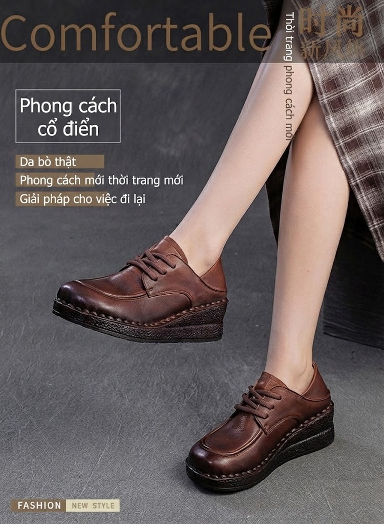 Giày Búp Bê Nữ Da Bò Đế Xuồng Buộc Dây Chiều Cao Đế Khoảng 3cm Màu Đen, Nâu chi tiết 1