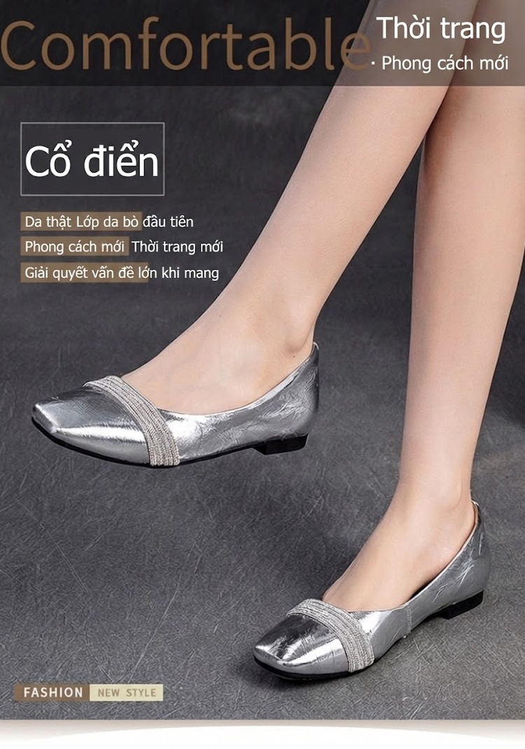 Giày Búp Bê Nữ Da Bò Đính Đá Chiều Cao Đế Khoảng 1cm Màu Bạc, Trắng chi tiết 1