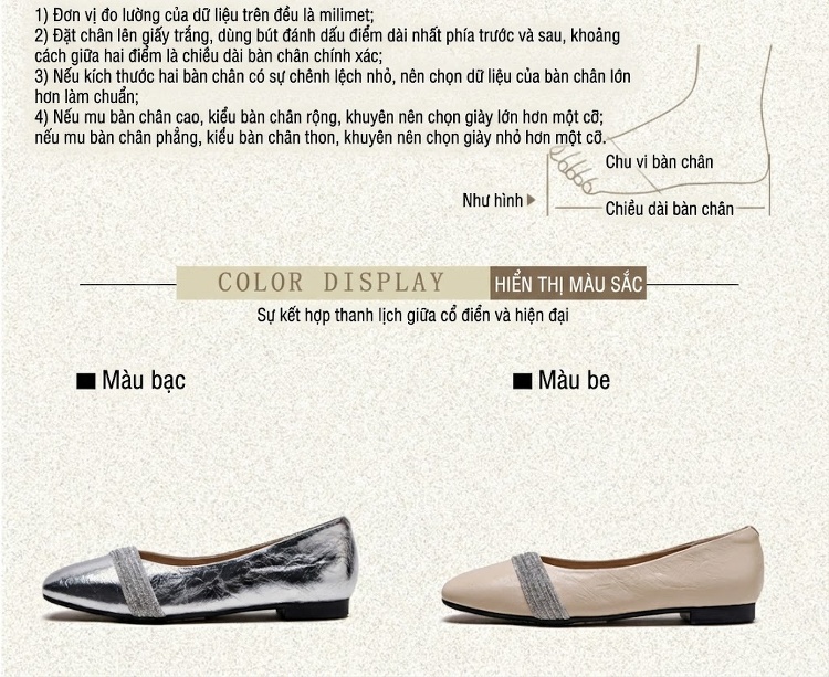Giày Búp Bê Nữ Da Bò Đính Đá Chiều Cao Đế Khoảng 1cm Màu Bạc, Trắng chi tiết 2