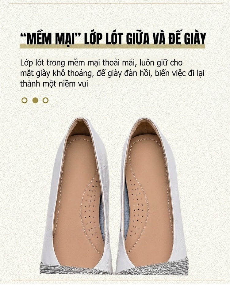 Giày Búp Bê Nữ Da Bò Đính Đá Chiều Cao Đế Khoảng 1cm Màu Bạc, Trắng chi tiết 6