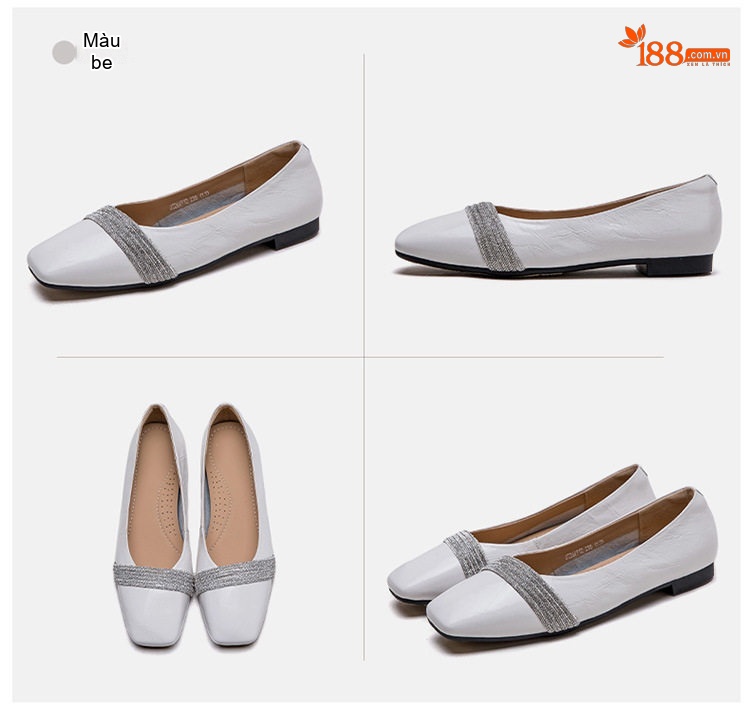 Giày Búp Bê Nữ Da Bò Đính Đá Chiều Cao Đế Khoảng 1cm Màu Bạc, Trắng chi tiết 17