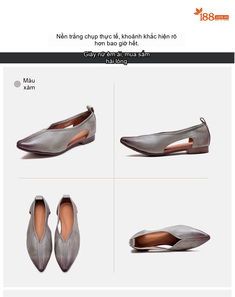Giày Búp Bê Nữ Da Bò Hở Bên Hông Chiều Cao Đế Khoảng 2cm Màu Nâu, Xám chi tiết 16