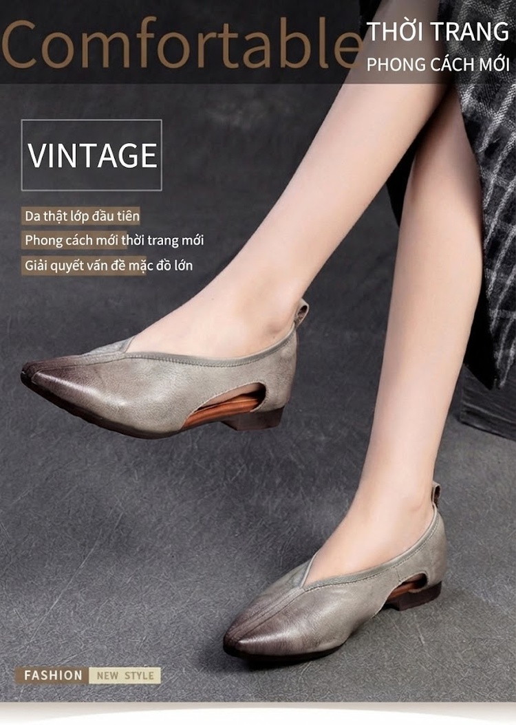 Giày Búp Bê Nữ Da Bò Hở Bên Hông Chiều Cao Đế Khoảng 2cm Màu Nâu, Xám chi tiết 1