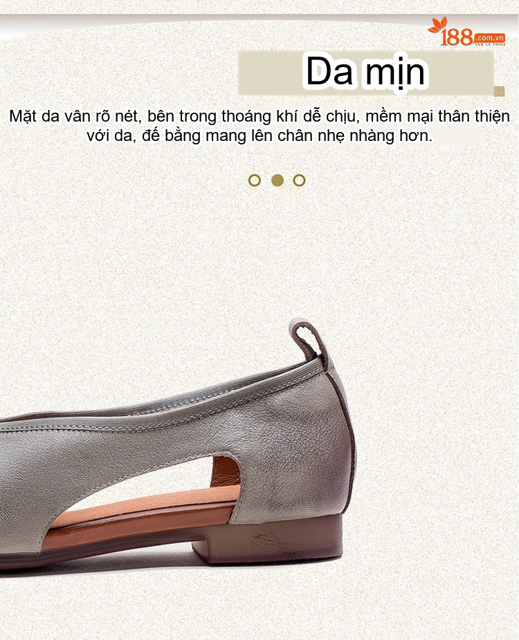 Giày Búp Bê Nữ Da Bò Hở Bên Hông Chiều Cao Đế Khoảng 2cm Màu Nâu, Xám chi tiết 3