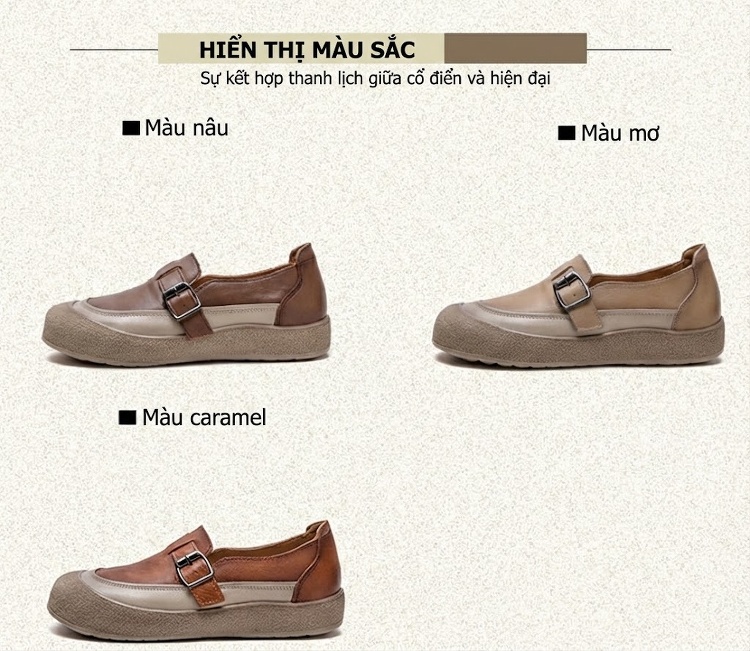 Giày Búp Bê Nữ Da Bò Mềm Mại Đế Bằng Chiều Cao Đế Khoảng 3cm Màu Nâu chi tiết 2