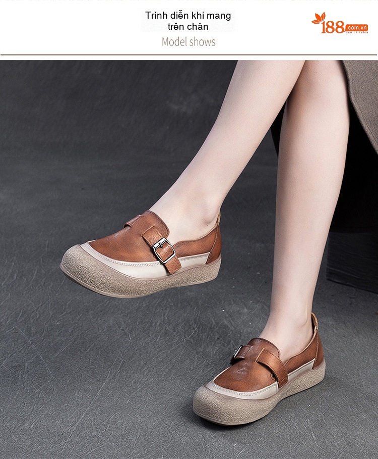 Giày Búp Bê Nữ Da Bò Mềm Mại Đế Bằng Chiều Cao Đế Khoảng 3cm Màu Nâu chi tiết 7
