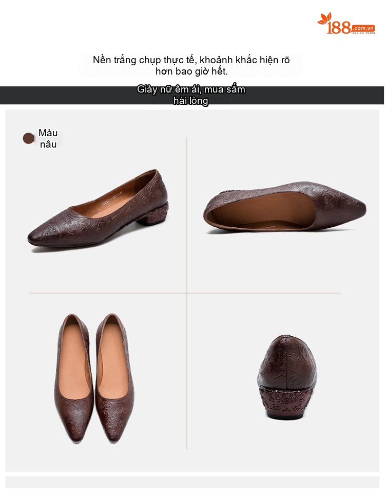 Giày Búp Bê Nữ Da Bò Mũi Nhọn Chiều Cao Đế Khoảng 3cm Màu Nâu, Xám chi tiết 15