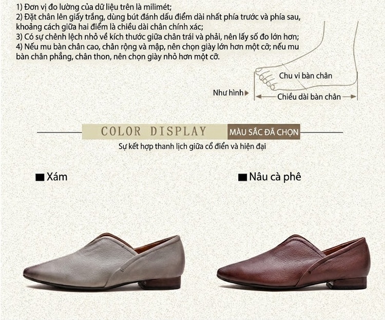 Giày Búp Bê Nữ Da Bò Mũi Nhọn Đế Bệt Chiều Cao Đế Khoảng 2cm Màu Nâu, Xám chi tiết 3