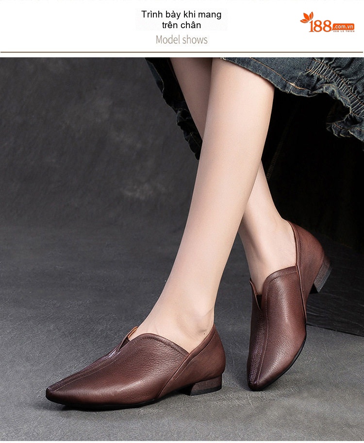 Giày Búp Bê Nữ Da Bò Mũi Nhọn Đế Bệt Chiều Cao Đế Khoảng 2cm Màu Nâu, Xám chi tiết 8