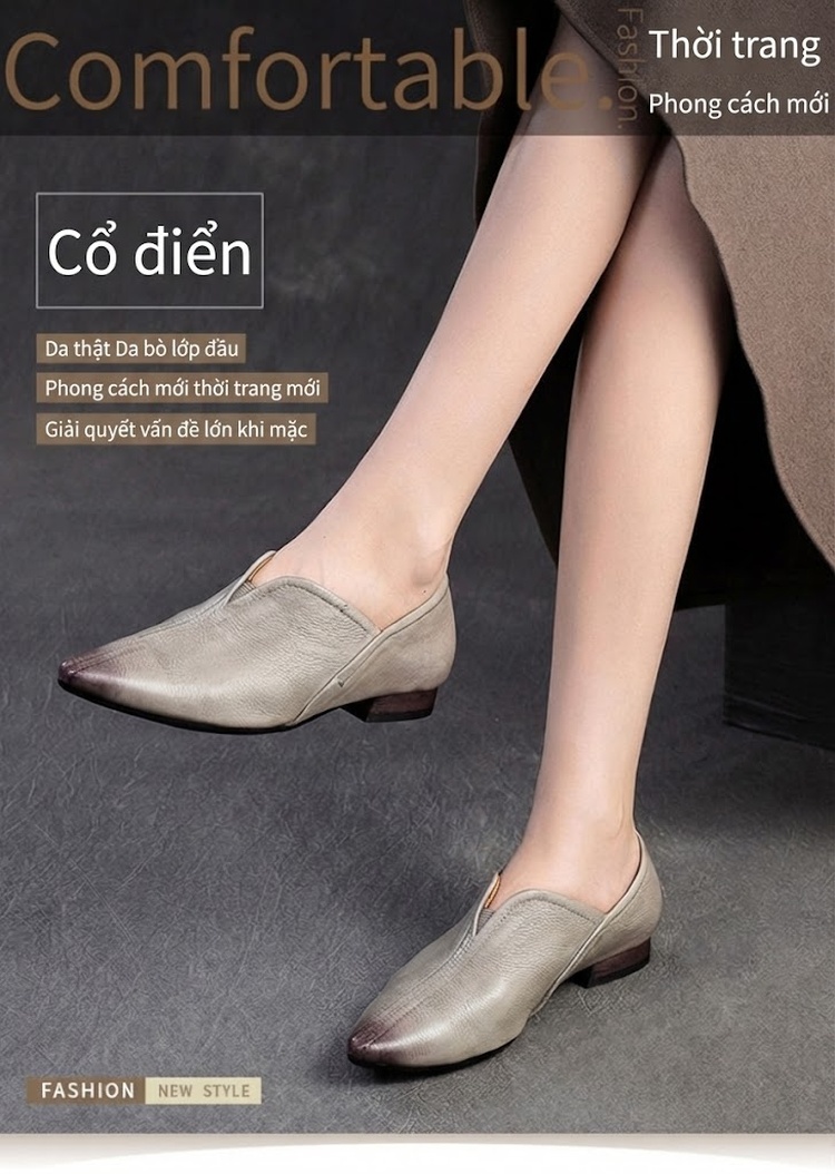 Giày Búp Bê Nữ Da Bò Mũi Nhọn Đế Bệt Chiều Cao Đế Khoảng 2cm Màu Nâu, Xám chi tiết 2