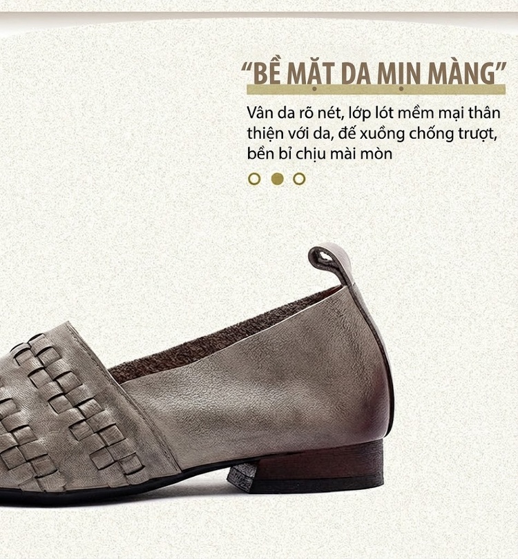 Giày Búp Bê Nữ Da Bò Mũi Nhọn Dệt Thủ Công Chiều Cao Đế Khoảng 1cm Màu Nâu, Xám chi tiết 2