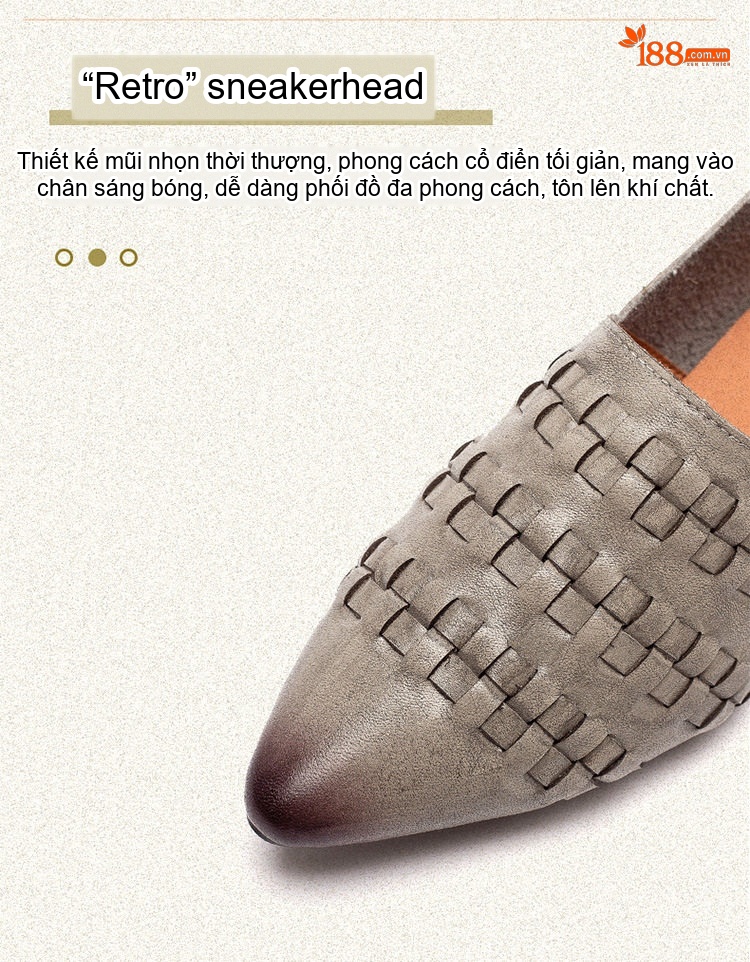 Giày Búp Bê Nữ Da Bò Mũi Nhọn Dệt Thủ Công Chiều Cao Đế Khoảng 1cm Màu Nâu, Xám chi tiết 3