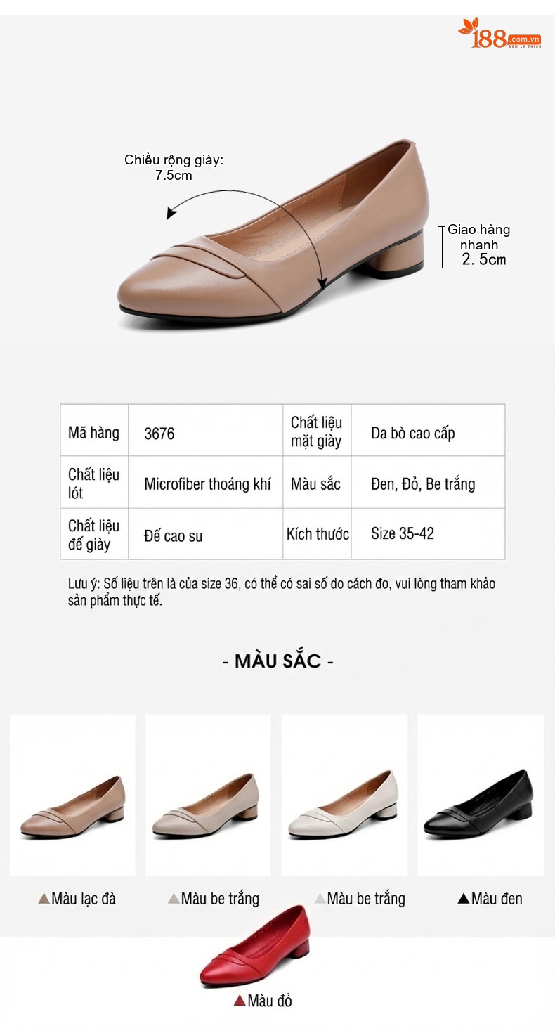 Giày Búp Bê Nữ Da Bò Mũi Tròn Chiều Cao Đế Khoảng 3cm Màu Đen, Đỏ, Kem chi tiết 2