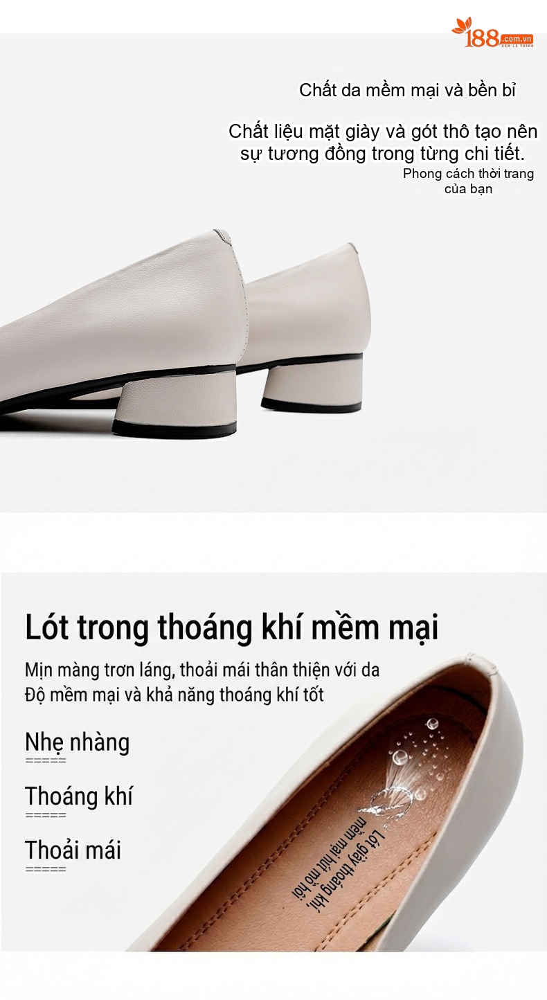 Giày Búp Bê Nữ Da Bò Mũi Tròn Chiều Cao Đế Khoảng 3cm Màu Đen, Đỏ, Kem chi tiết 4