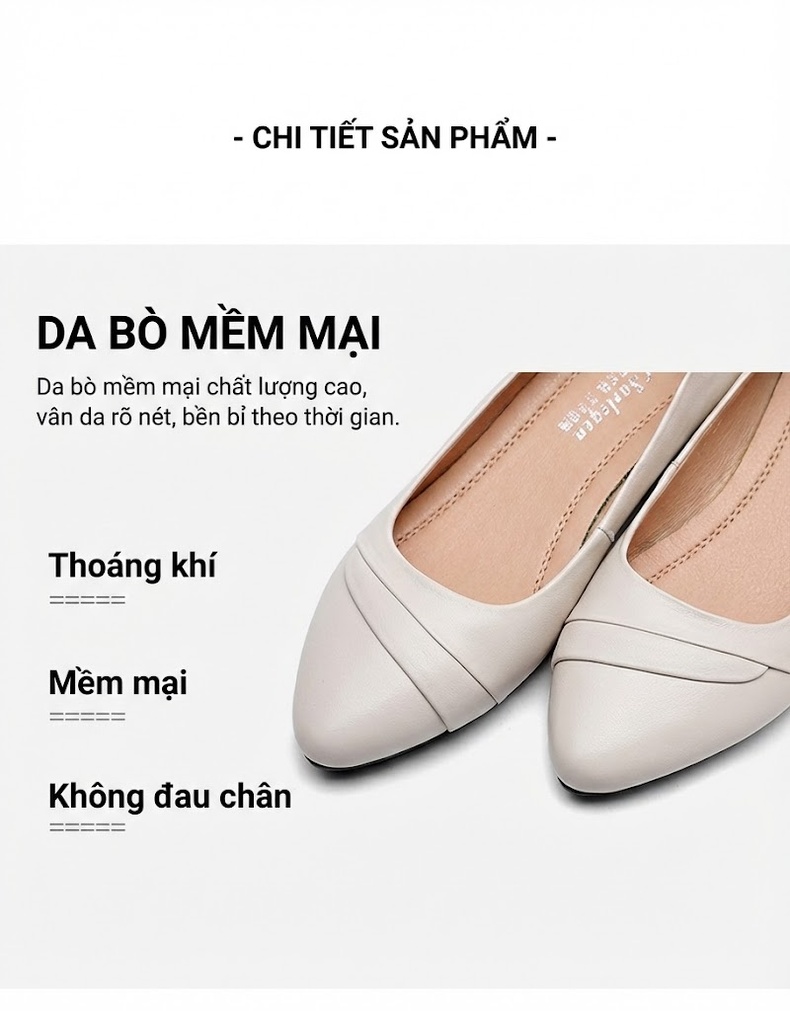 Giày Búp Bê Nữ Da Bò Mũi Tròn Chiều Cao Đế Khoảng 3cm Màu Đen, Đỏ, Kem chi tiết 3