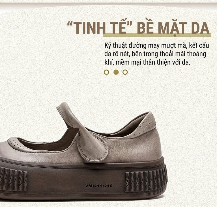 Giày Búp Bê Nữ Da Bò Mũi Tròn Quai Dán Chiều Cao Đế Khoảng 3cm Màu Nâu chi tiết 2