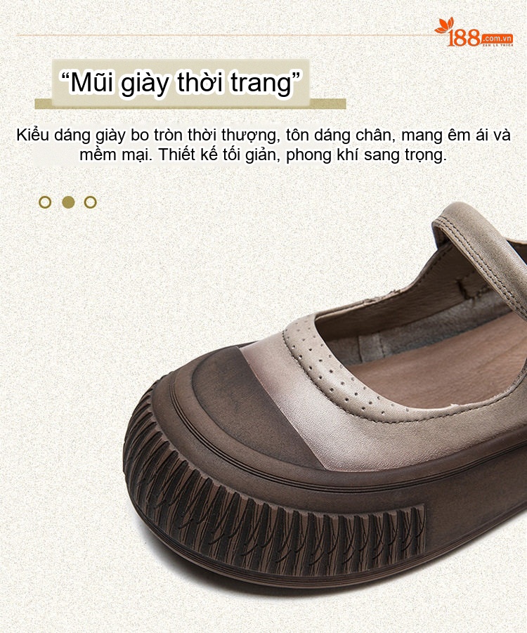 Giày Búp Bê Nữ Da Bò Mũi Tròn Quai Dán Chiều Cao Đế Khoảng 3cm Màu Nâu chi tiết 3