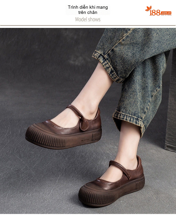 Giày Búp Bê Nữ Da Bò Mũi Tròn Quai Dán Chiều Cao Đế Khoảng 3cm Màu Nâu chi tiết 6