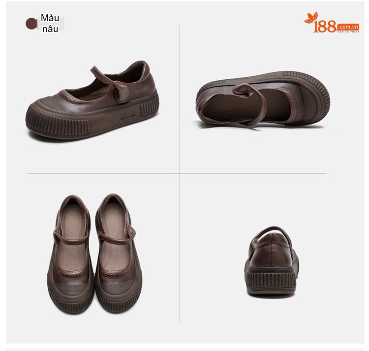 Giày Búp Bê Nữ Da Bò Mũi Tròn Quai Dán Chiều Cao Đế Khoảng 3cm Màu Nâu chi tiết 16