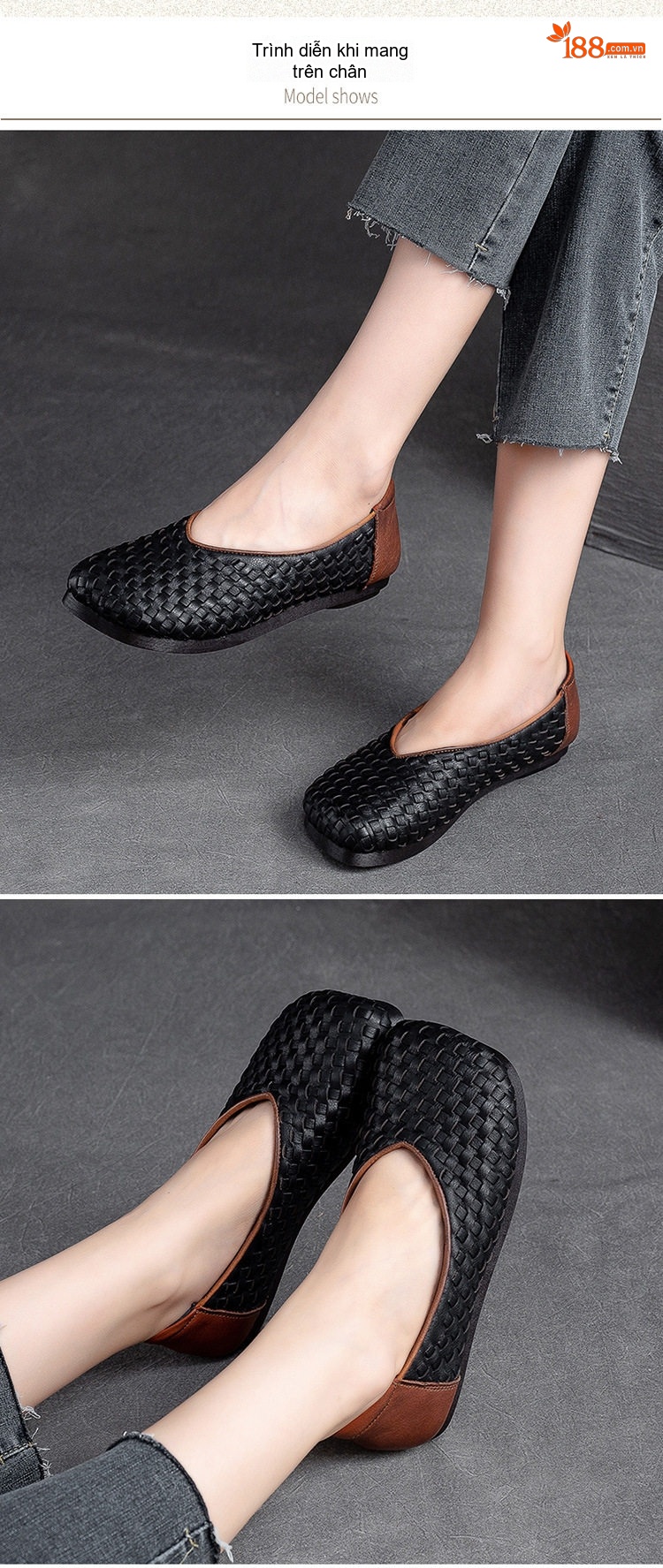 Giày Búp Bê Nữ Da Bò Mũi Vuông Chiều Cao Đế Khoảng 1cm Màu Đen, Nâu chi tiết 7