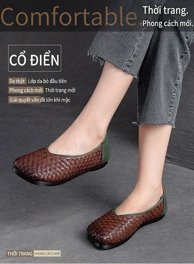 Giày Búp Bê Nữ Da Bò Mũi Vuông Chiều Cao Đế Khoảng 1cm Màu Đen, Nâu chi tiết 2