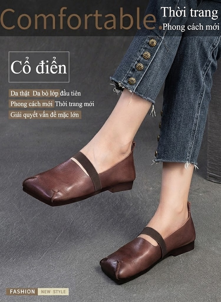 Giày Búp Bê Nữ Da Bò Mũi Vuông Chiều Cao Đế Khoảng 1cm Màu Nâu, Vàng chi tiết 2