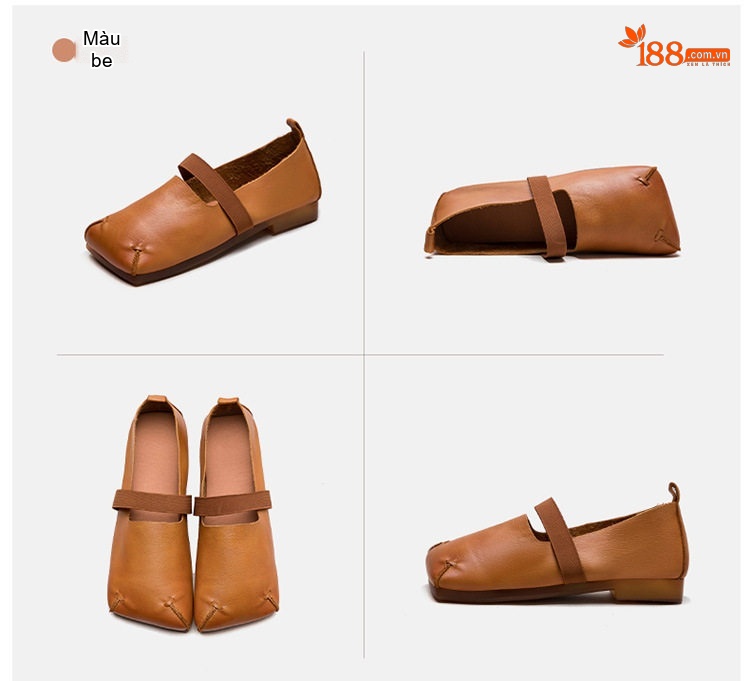 Giày Búp Bê Nữ Da Bò Mũi Vuông Chiều Cao Đế Khoảng 1cm Màu Nâu, Vàng chi tiết 17