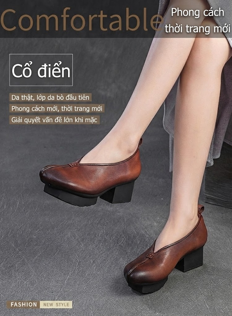 Giày Búp Bê Nữ Da Bò Phong Cách Dân Tộc Chiều Cao Đế Khoảng 5cm Màu Xanh Lá, Nâu chi tiết 1