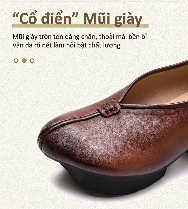 Giày Búp Bê Nữ Da Bò Phong Cách Dân Tộc Chiều Cao Đế Khoảng 5cm Màu Xanh Lá, Nâu chi tiết 4