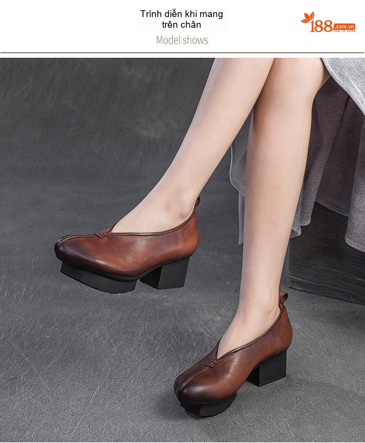Giày Búp Bê Nữ Da Bò Phong Cách Dân Tộc Chiều Cao Đế Khoảng 5cm Màu Xanh Lá, Nâu chi tiết 7