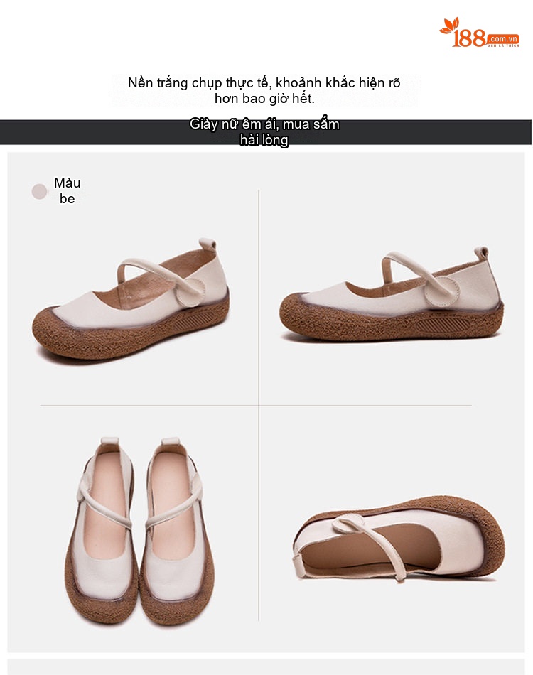 Giày Búp Bê Nữ Da Bò Quai Dán Thoải Mái Chiều Cao Đế Khoảng 2cm Màu Trắng Kem, Nâu chi tiết 17