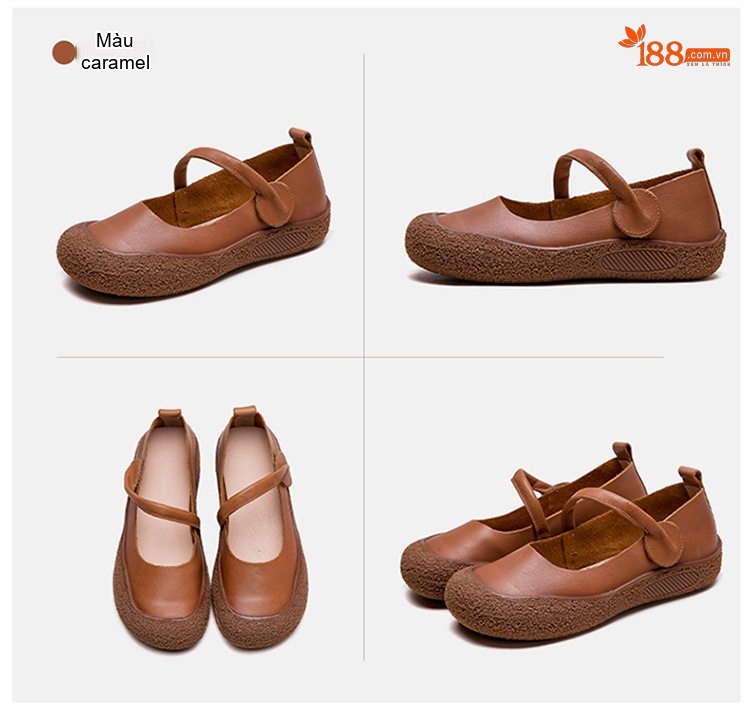 Giày Búp Bê Nữ Da Bò Quai Dán Thoải Mái Chiều Cao Đế Khoảng 2cm Màu Trắng Kem, Nâu chi tiết 18