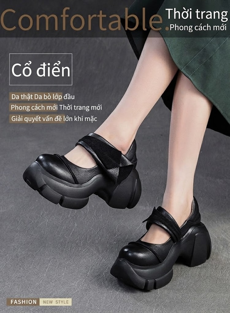 Giày Búp Bê Nữ Da Bò Quai Ngang Chiều Cao Đế Khoảng 6cm Phong Cách Vintage Màu Đen, Nâu chi tiết 2