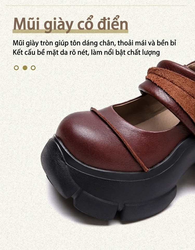 Giày Búp Bê Nữ Da Bò Quai Ngang Chiều Cao Đế Khoảng 6cm Phong Cách Vintage Màu Đen, Nâu chi tiết 5