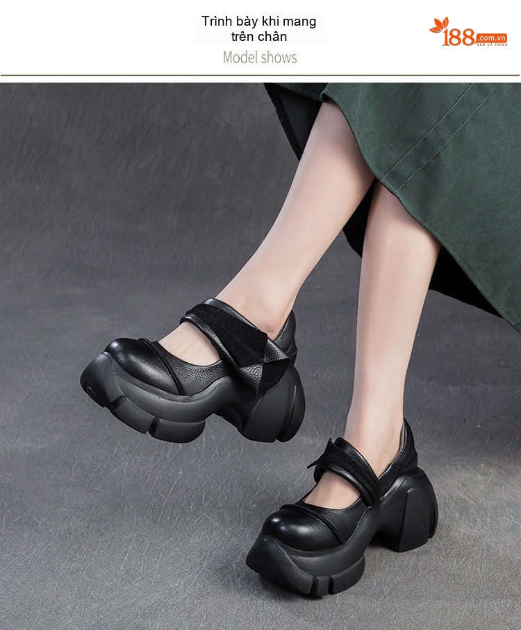 Giày Búp Bê Nữ Da Bò Quai Ngang Chiều Cao Đế Khoảng 6cm Phong Cách Vintage Màu Đen, Nâu chi tiết 8
