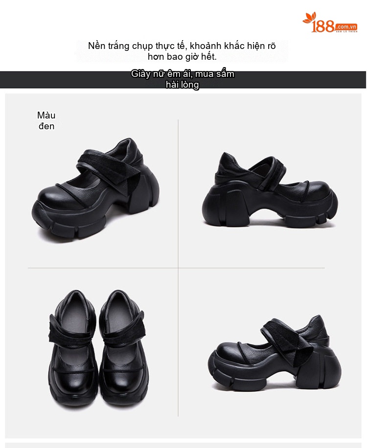Giày Búp Bê Nữ Da Bò Quai Ngang Chiều Cao Đế Khoảng 6cm Phong Cách Vintage Màu Đen, Nâu chi tiết 17