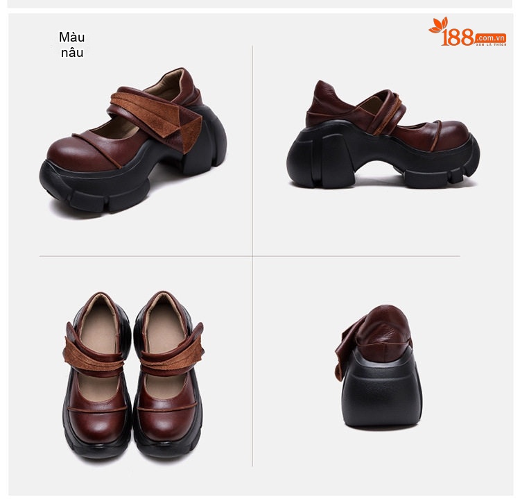 Giày Búp Bê Nữ Da Bò Quai Ngang Chiều Cao Đế Khoảng 6cm Phong Cách Vintage Màu Đen, Nâu chi tiết 18