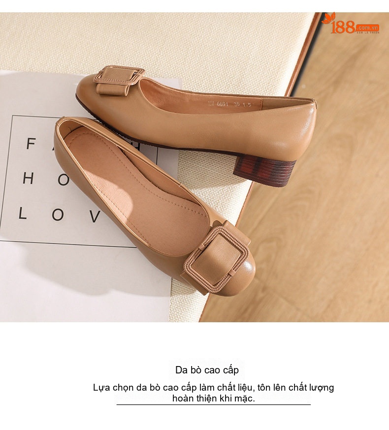 Giày Búp Bê Nữ Da Bóng Đế Mềm Chiều Cao Đế Khoảng 3cm Màu Đen, Kem, Nâu Đỏ, Nâu chi tiết 11