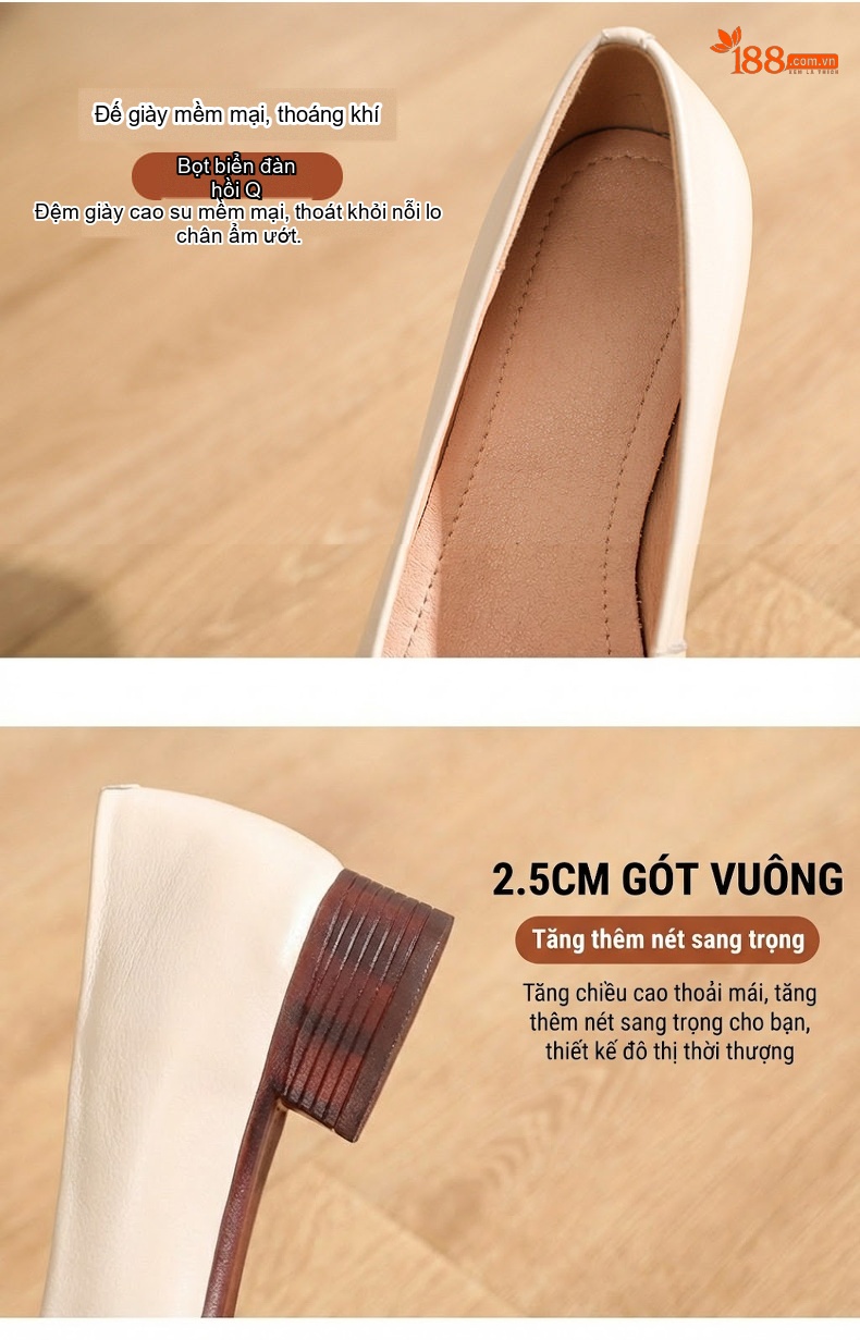 Giày Búp Bê Nữ Da Bóng Đế Mềm Chiều Cao Đế Khoảng 3cm Màu Đen, Kem, Nâu Đỏ, Nâu chi tiết 6