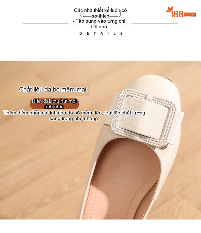 Giày Búp Bê Nữ Da Bóng Đế Mềm Chiều Cao Đế Khoảng 3cm Màu Đen, Kem, Nâu Đỏ, Nâu chi tiết 5