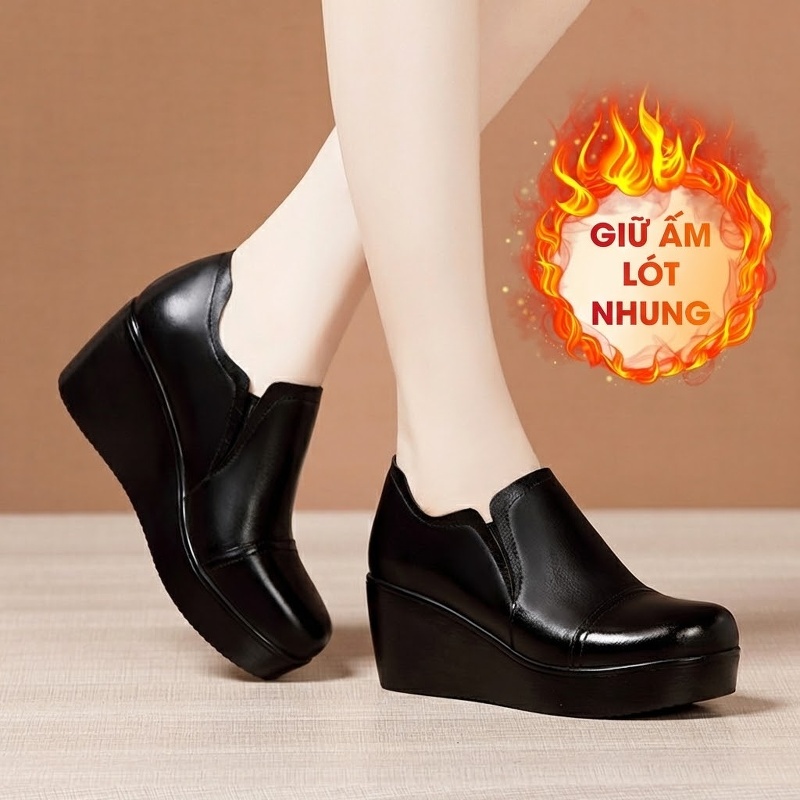 Giày Búp Bê Nữ Da Bóng Đế Xuồng Chiều Cao Đế Khoảng 5cm Màu Đen, Đỏ