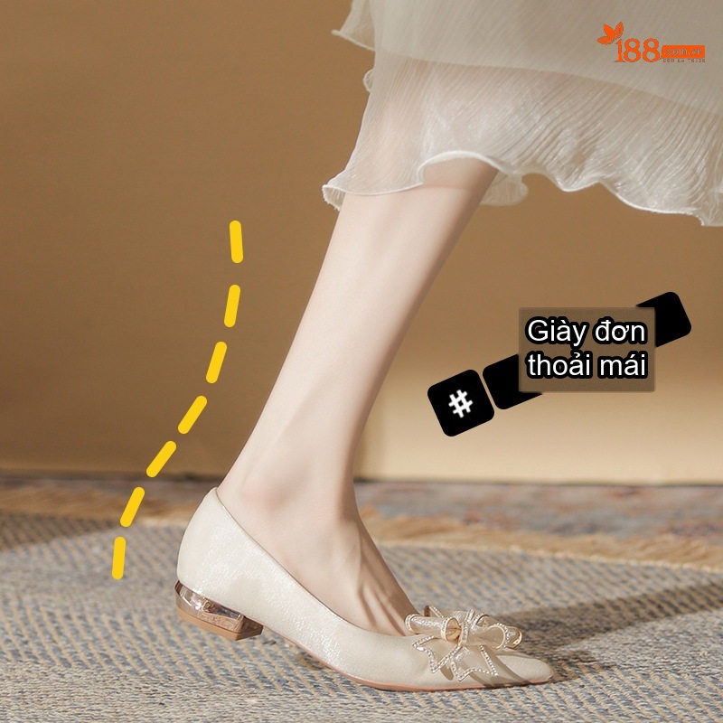 Giày Búp Bê Nữ Da Bóng Đính Nơ Chiều Cao Đế Khoảng 3cm Màu Kem