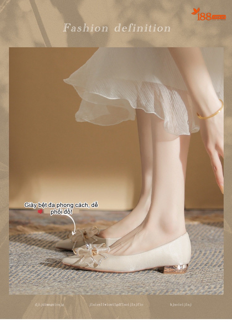 Giày Búp Bê Nữ Da Bóng Đính Nơ Chiều Cao Đế Khoảng 3cm Màu Kem chi tiết 1