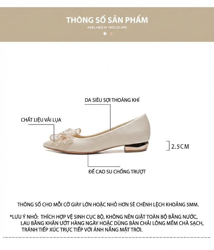 Giày Búp Bê Nữ Da Bóng Đính Nơ Chiều Cao Đế Khoảng 3cm Màu Kem chi tiết 4
